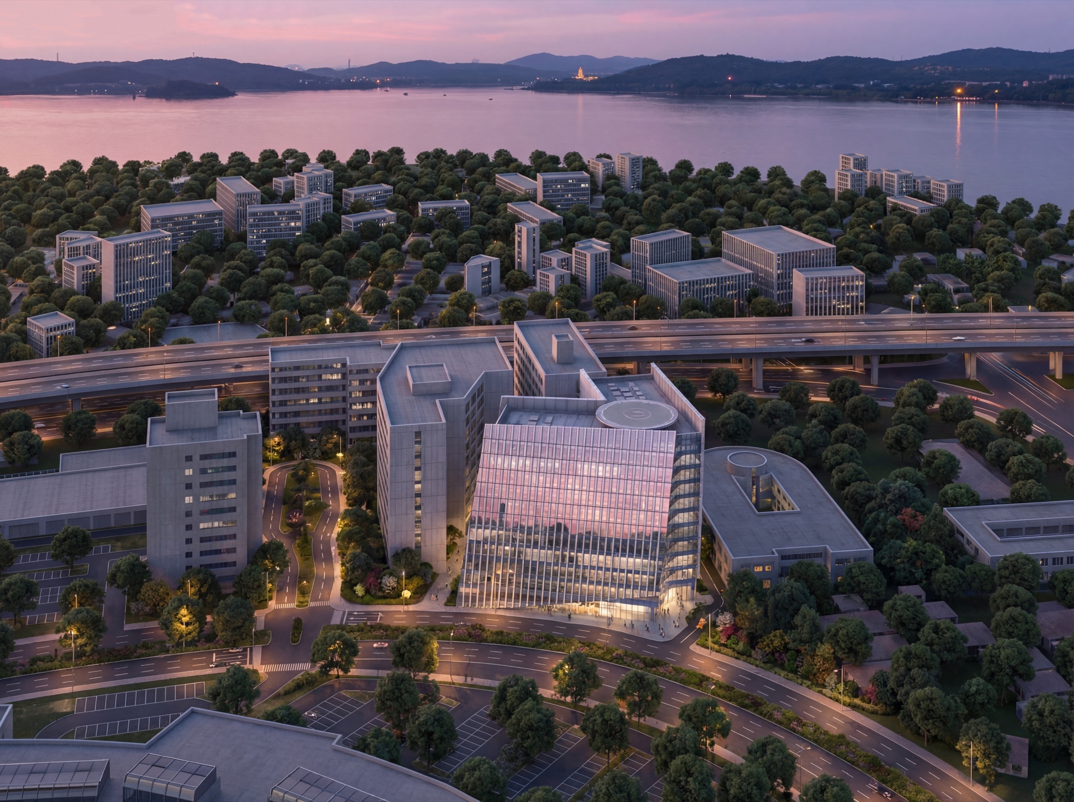 Conceptual aerial view of a modern hospital tower at dusk